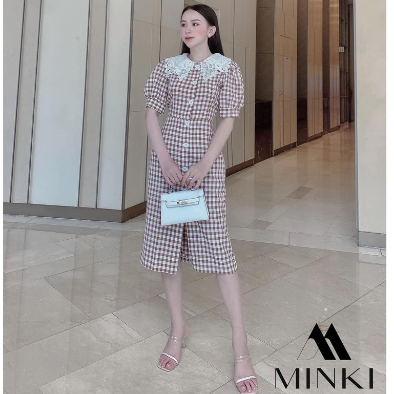 VÁY CARO CỔ REN CHO NỮ -Chất liệu Kaki Cotton nhập khẩu - Họa tiết Caro Hồng - Nâu - Xanh