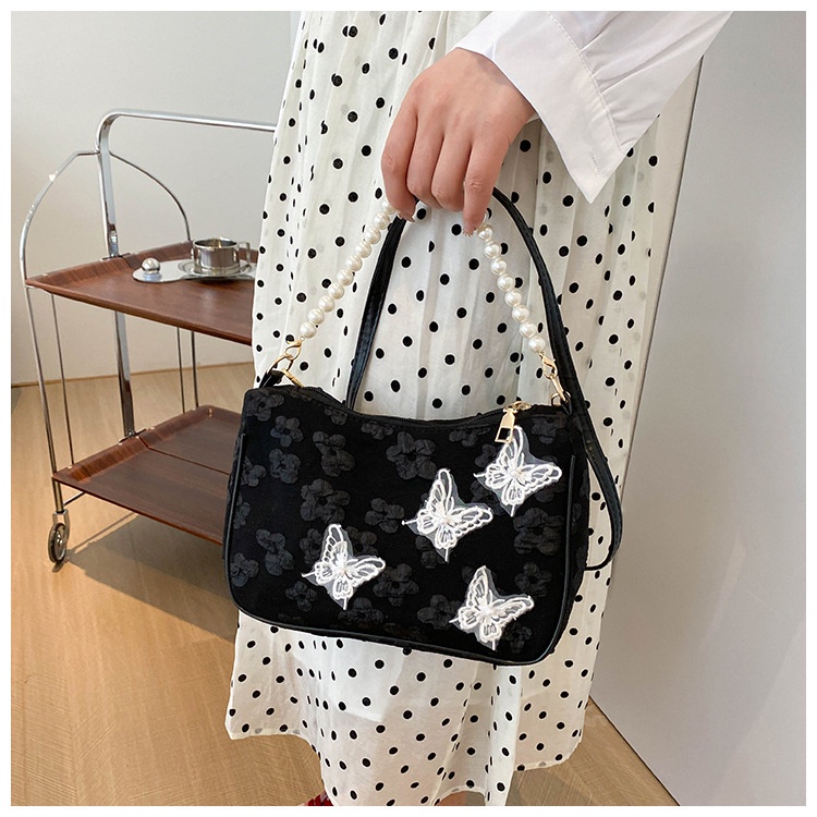 Túi Đeo JASMIN NOIR Vai Nắp Gập Vải Canvas Đính Ngọc Trai Nhỏ Nhắn Dành Cho Bạn Nữ