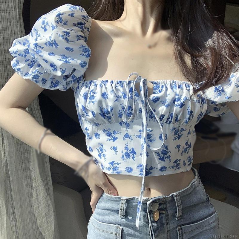 Áo Croptop Tay Phồng Cổ Vuông Hoạ Tiết Hoa Nữ Tính