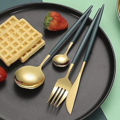 Set 4 món thìa dao dĩa inox dụng cụ ăn cá nhân mạ vàng cao cấp phong cách hoàng gia Cutlery set