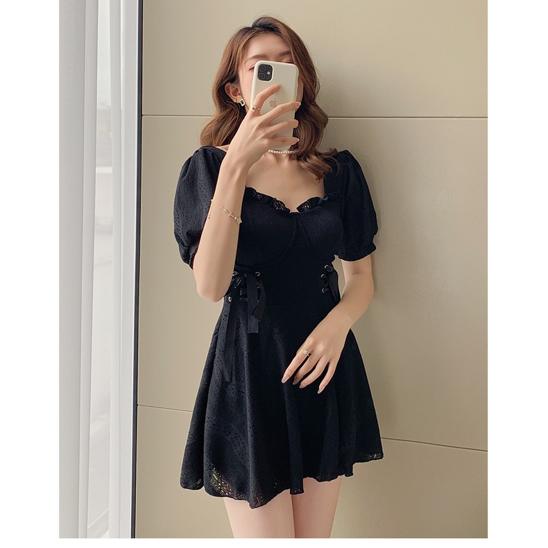 Bộ đồ bơi nữ liền dáng váy chất thun gân phối dây rút siêu xinh 2 màu đen trắng