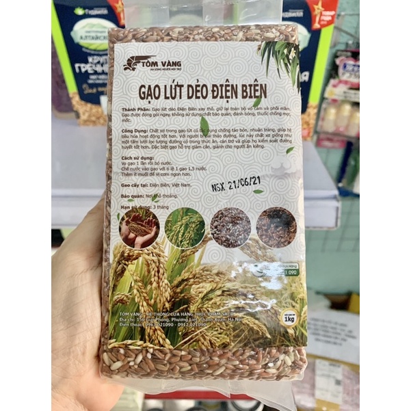 Gạo lứt đỏ dẻo Điện Biên Tôm Vàng gói 1kg, gạo lức đỏ nguyên cám, dẻo thơm dễ nấu, eat clean