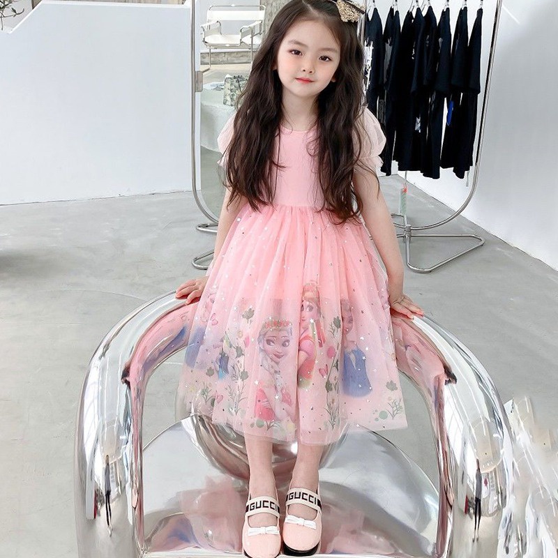 Đầm Công Chúa Phối Lưới In Hoạt Hình Kiểu Hàn Quốc Thời Trang Mùa Hè Cho Bé Gái Se7E