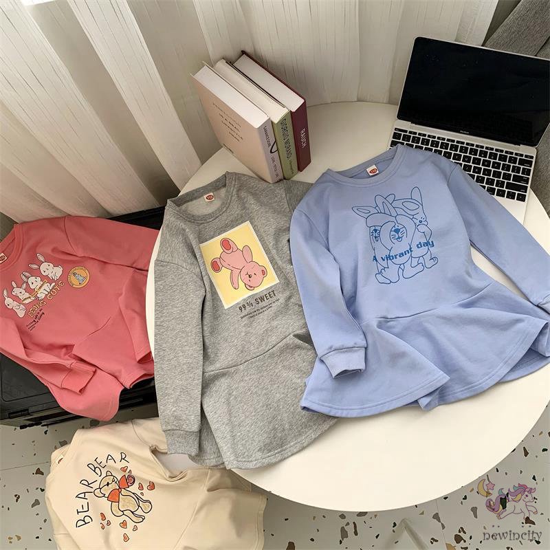 Đầm tay dài in họa tiết hoạt hình dễ thương phong cách Hàn Quốc cho bé gái