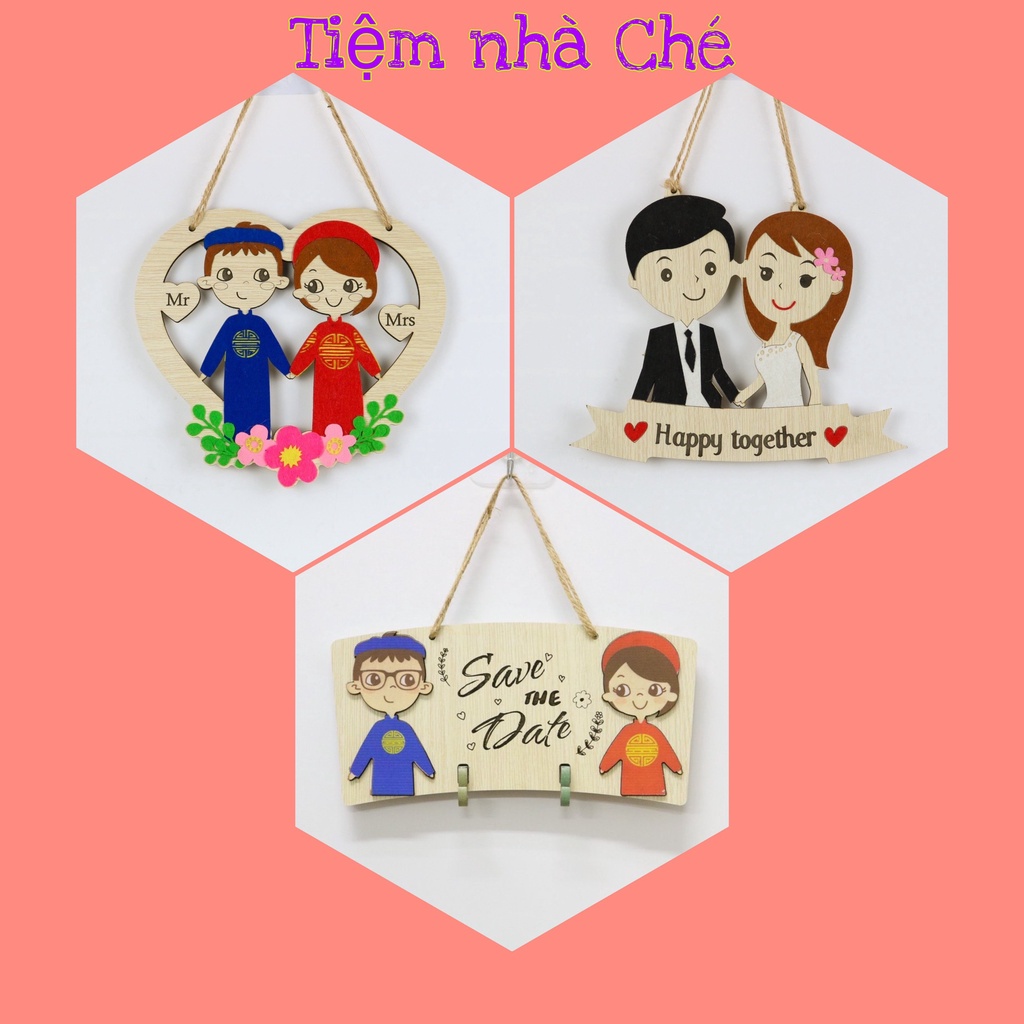 Bảng gỗ treo tường, bảng gỗ treo cửa phòng hình cô dâu chú rể, mr mrs, save the date, hình đám cưới, happy together