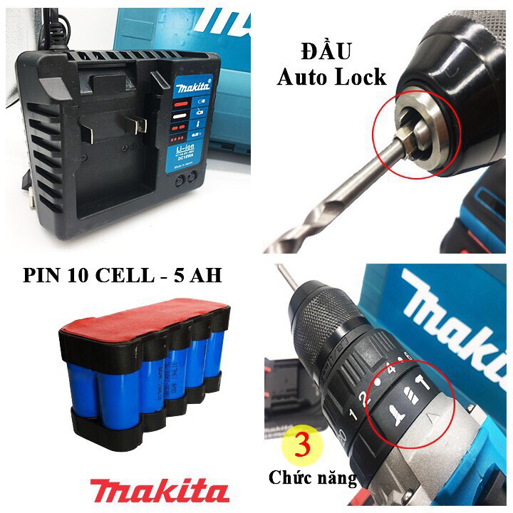 Máy khoan makitta 72v_Động cơ không chổi than_Pin chuẩn 10 cell - Tặng Kèm Mũi Khoan Đầu Auto Lock