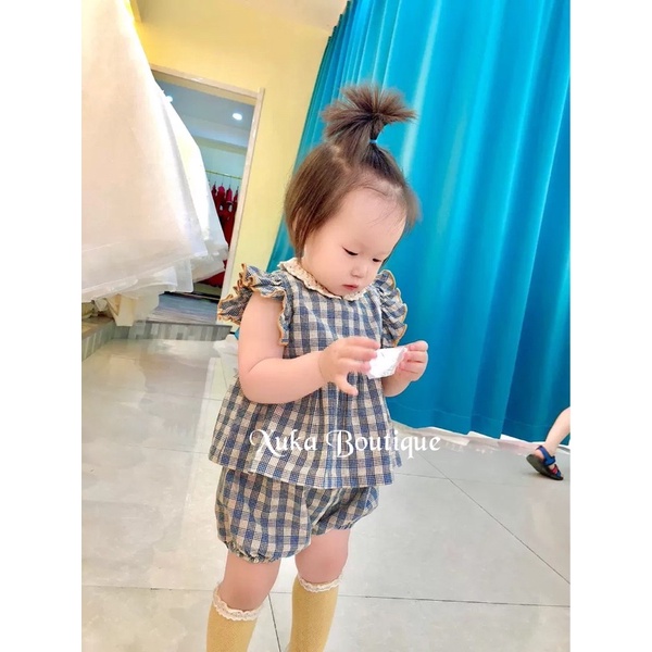 Bộ Quần Áo Trẻ Em Cao Cấp Bebe Organic |Set Áo kèm Quần Cổ Tròn Tay Cánh Tiên Kẻ Caro Bé Gái (Ảnh thật)