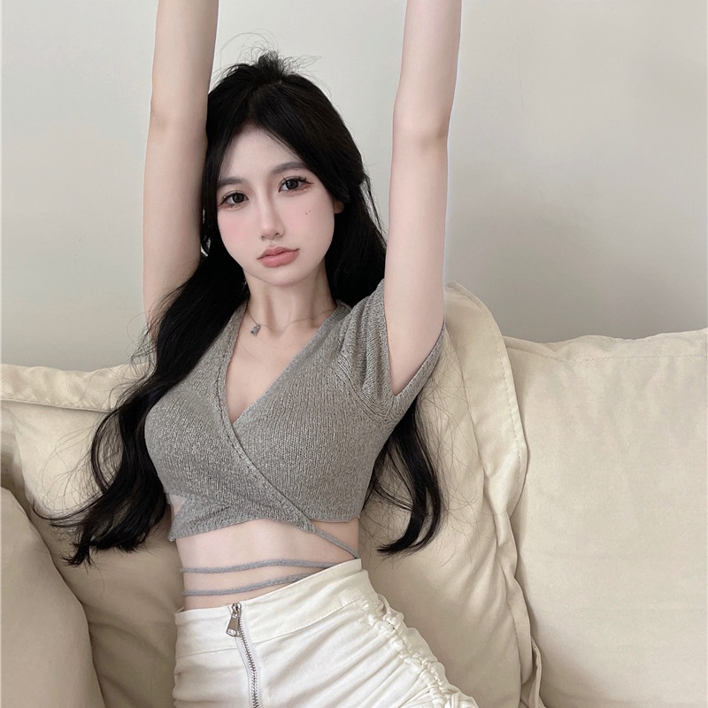 Áo kiểu ZHELIHANGFEI dệt kim tay cổ ngắn chữ V hở lưng gợi cảm tùy chọn màu sắc