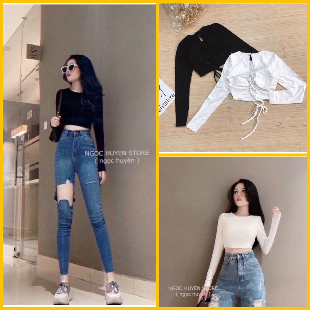 Áo Croptop Nữ Kiểu Tay Dài Đan Dây Hở Lưng Có Mút Ngực Xinh Xắn - AK0026 | bear.story