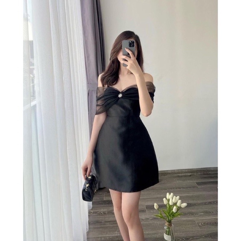 Váy,Đầm Trễ Vai Lưới Đính Cúc Tiểu Thư Chất Liệu Tafta Cao Cấp