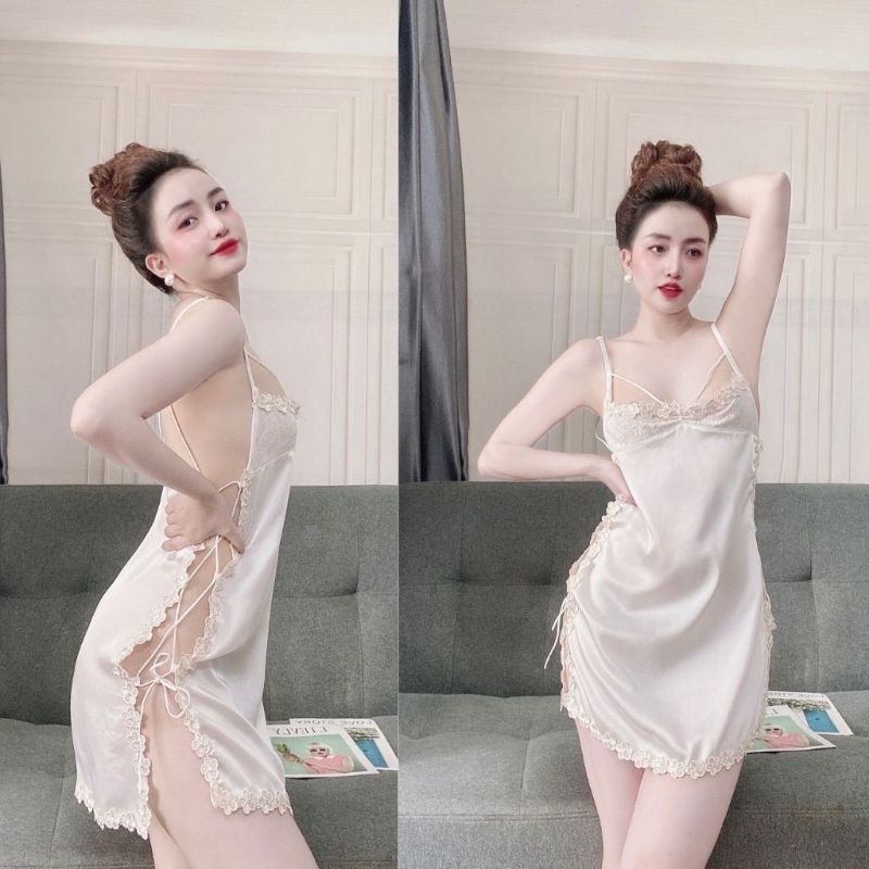 Đầm ngủ lụa satin viền ren hông sexy