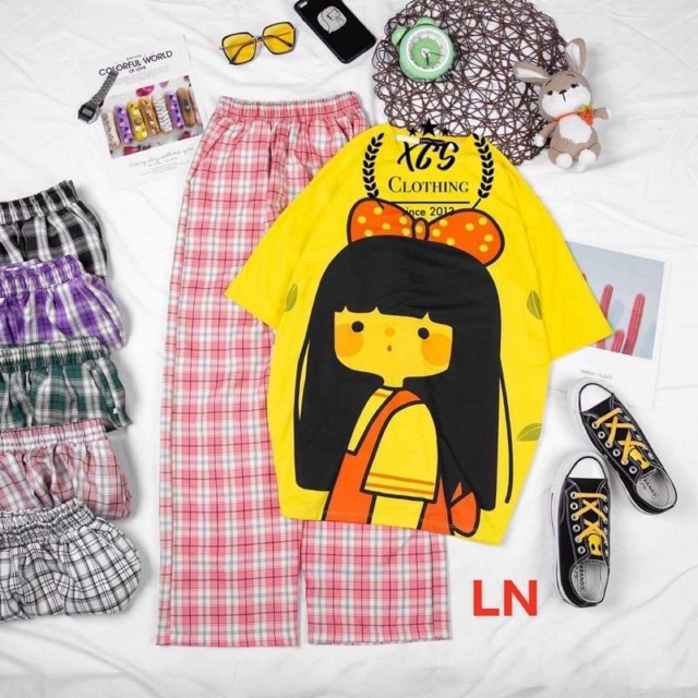 Sét áo cô bé tóc dài + quần kẻ ,Áo thun from rộng, Chất đẹp không xù, quần suông ống rộng, Sét bộ mặc ở nhà - MODY