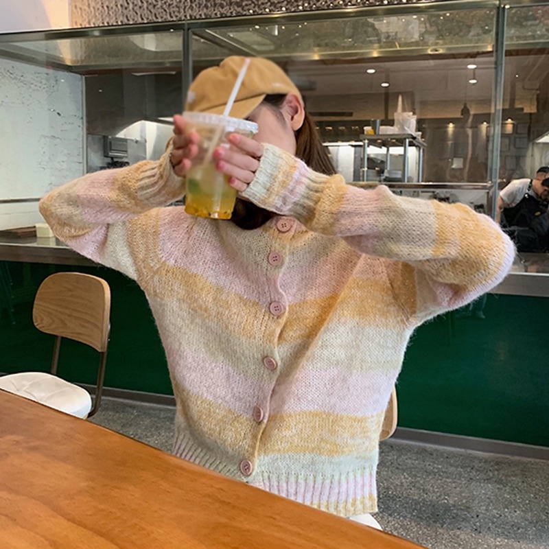 Áo Khoác Cardigan Dáng Ngắn Form Rộng Họa Tiết Kẻ Sọc Cầu Vồng Phong Cách Hàn Quốc