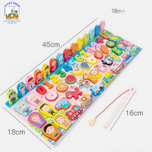 Bộ Câu cá Bảng Số Thông minh 5in1 gồm 63 chi tiết - Đồ chơi gỗ Montessori - Hàng cao cấp dành cho bé từ 1 - 3 tuổi