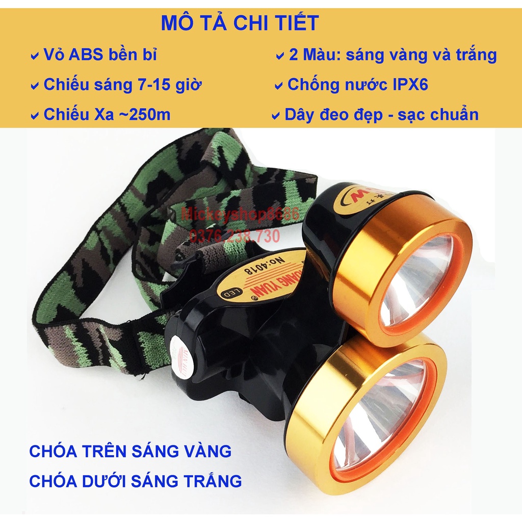 Đèn Pin Đội Đầu SHUANGYUAN 4018 có 2 chóa kín nước bóng led ánh sáng vàng và trắng trên cùng 1 đen (2 IN 1)