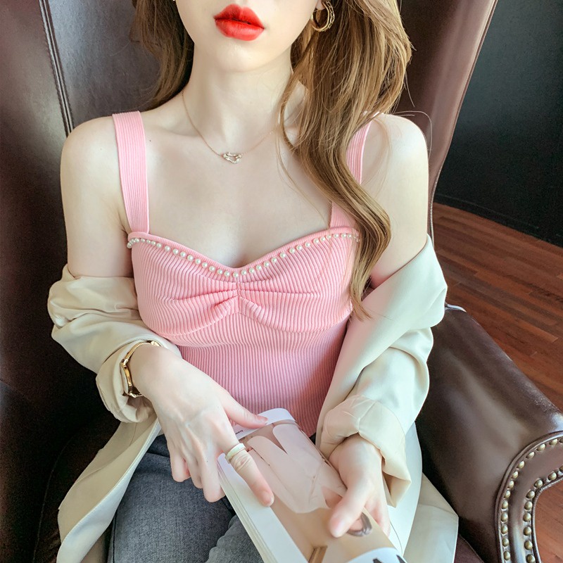 Áo hai dây ZHELIHANGFEI dệt kim ngắn đính hạt công nghiệp gợi cảm