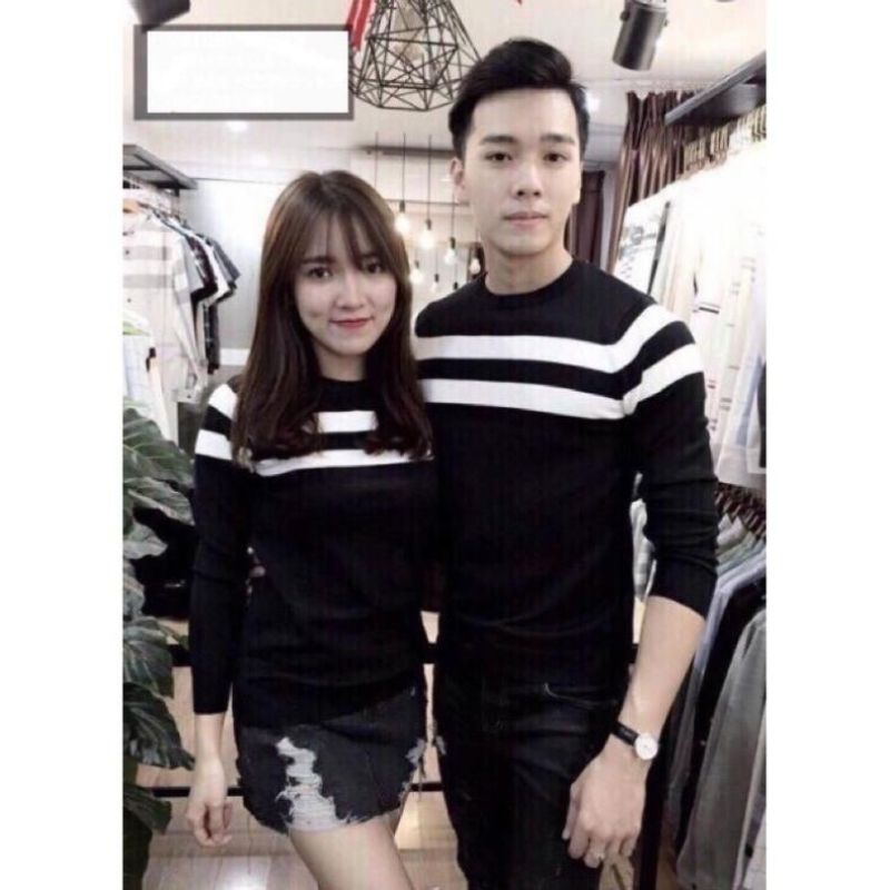Set đồ đôi nam nữ dài tay kẻ sọc phần vai, áo cặp đôi thu đông cá tính