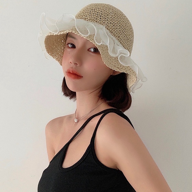 Mũ tai bèo đan cói rộng vành mỏng phối ren bèo đính ngọc trai chống nắng thời trang đi biển mùa hè thoáng mát cho nữ