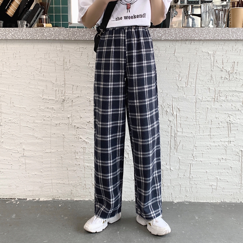 SUXI Quần Dài Ống Rộng Họa Tiết Ca Rô Thời Trang Dành Cho Nữ