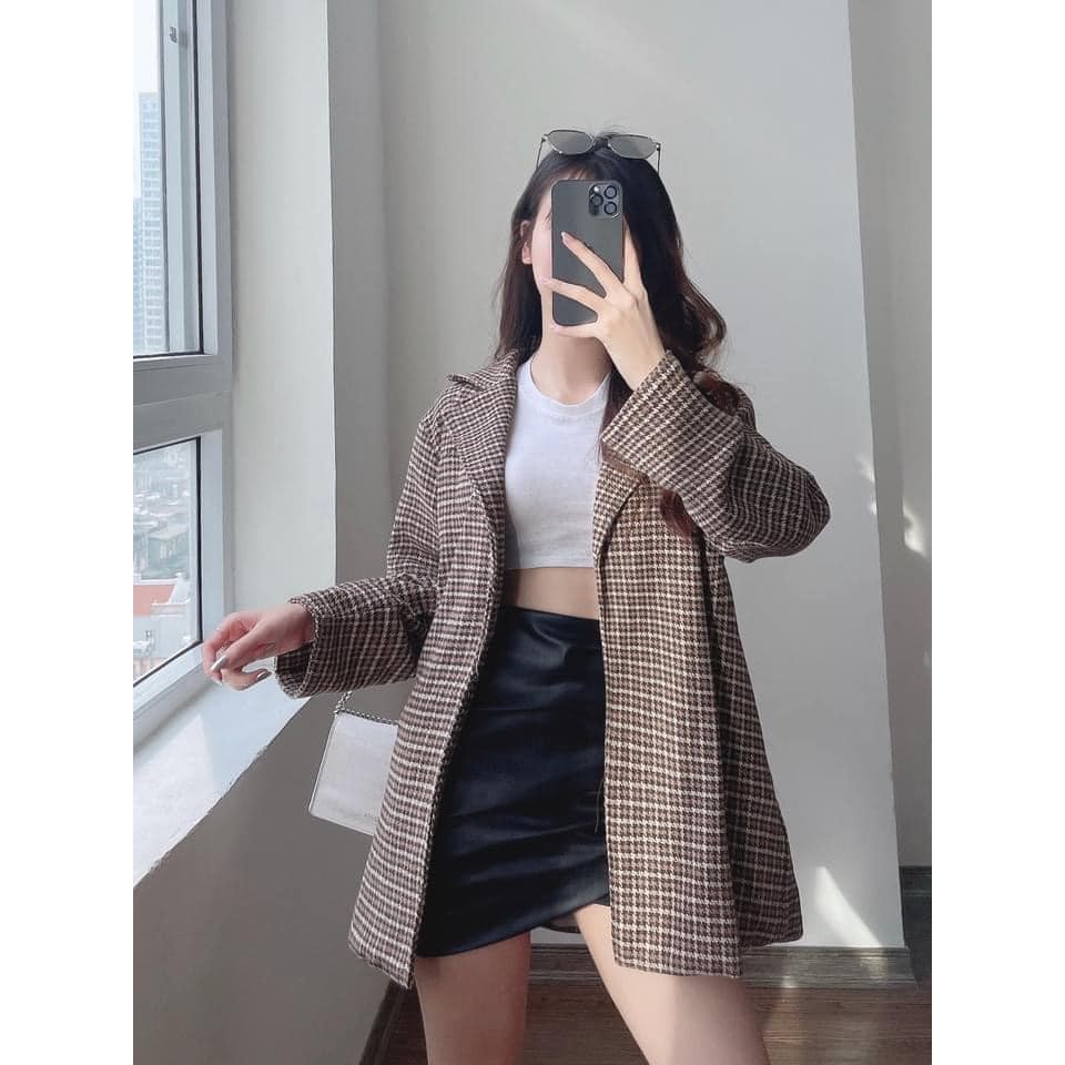  Áo Khoác Dạ Dáng Blazer Kèm Đai, Áo Khoác Blazer Dạ Kẻ Caro Phong Cách Hàn Quốc | BigBuy360 - bigbuy360.vn