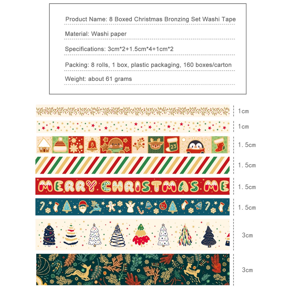 Bộ 8 Cuộn Băng Keo Washi Màu Đồng Họa Tiết Giáng Sinh Dễ Thương Trang Trí Sổ Tay DIY