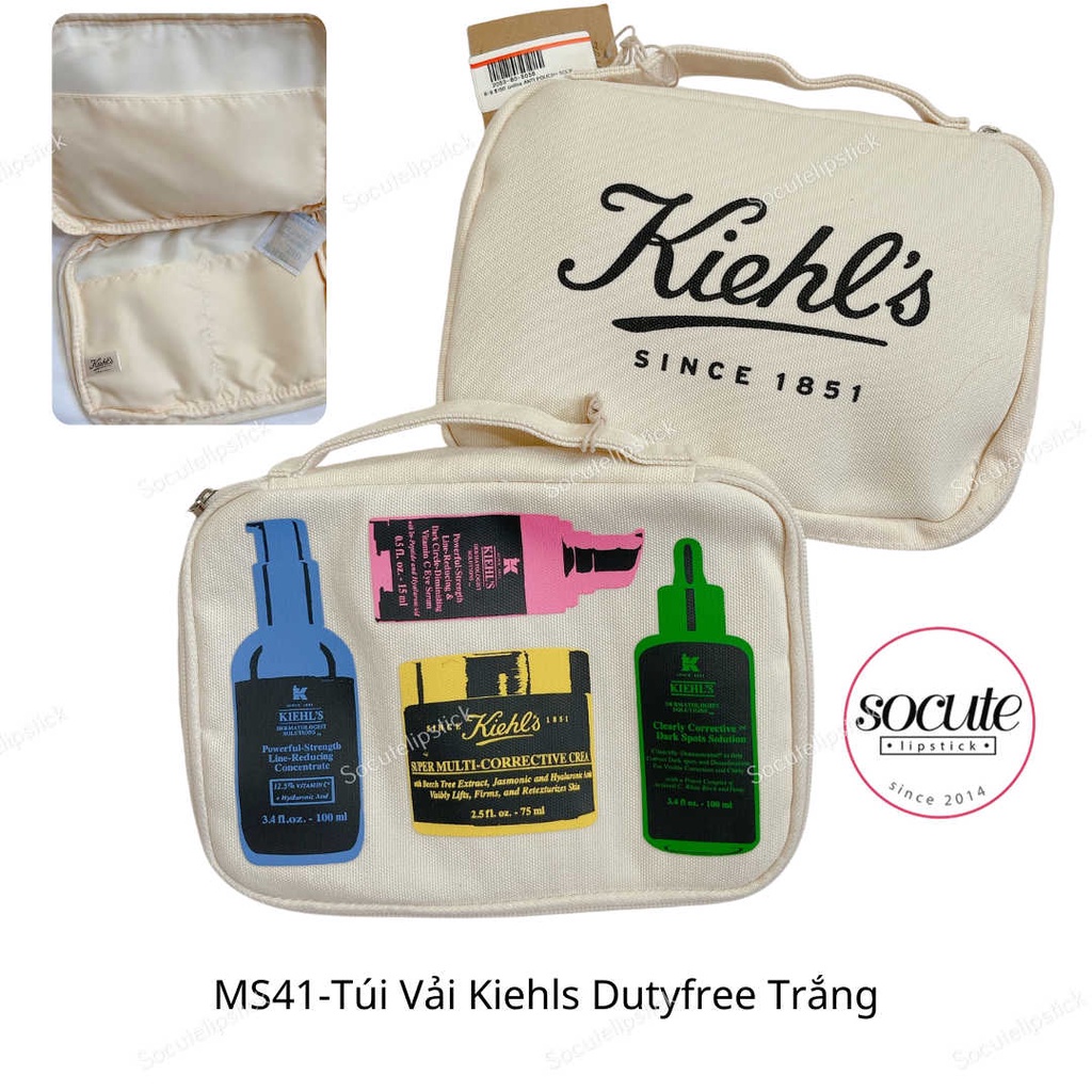 Túi xách mỹ phẩm Kiehls nền trắng họa tiết chai lọ