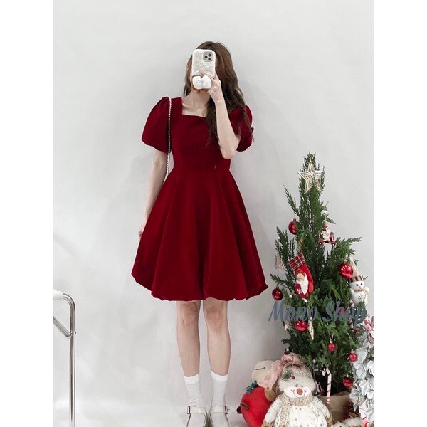 Váy Nhung Nữ, Đầm Bí Tay Bồng Cổ U Dáng Xòe Chất Nhung Cao Cấp 2 Màu Đỏ, Đen Thời Trang Sang Trọng, Thanh Lịch. | BigBuy360 - bigbuy360.vn