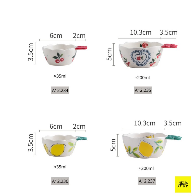 Bát ăn dặm cho bé, chén đựng gia vị, bát nước chấm sứ có tay cầm nhiều hoạ tiết phong cách Hàn Quốc