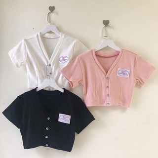 Áo croptop thun gân hàng nút thêu hình xinh