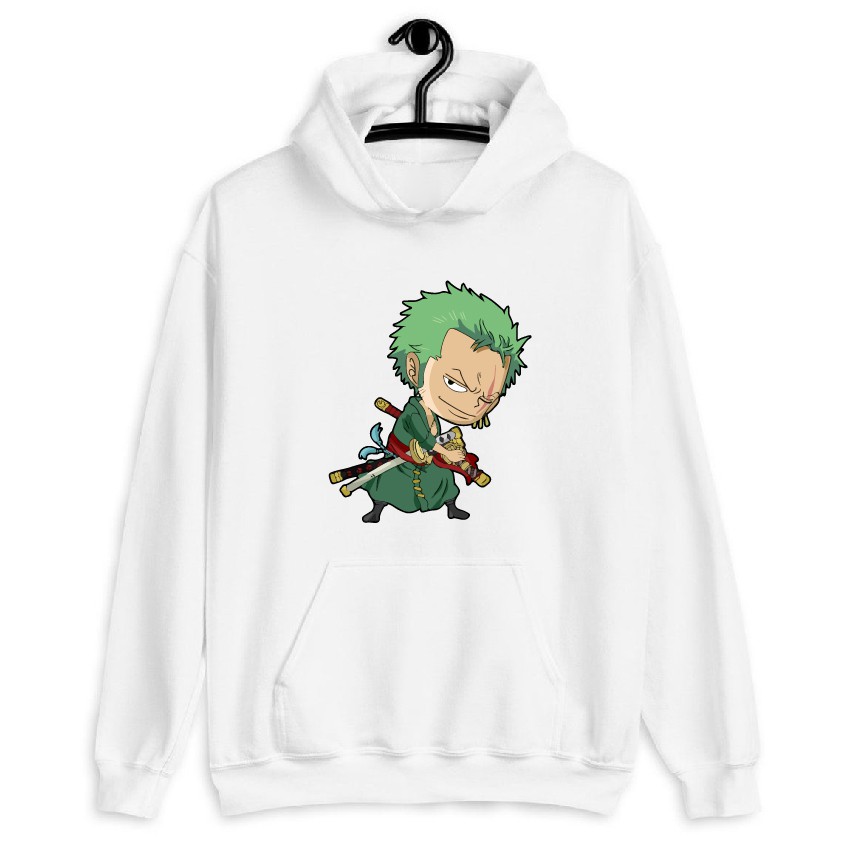 Áo nỉ hoodie thu đông one piece zoro form suông rộng có mũ unisex cho nam nữ, màu trắng, đen, xanh