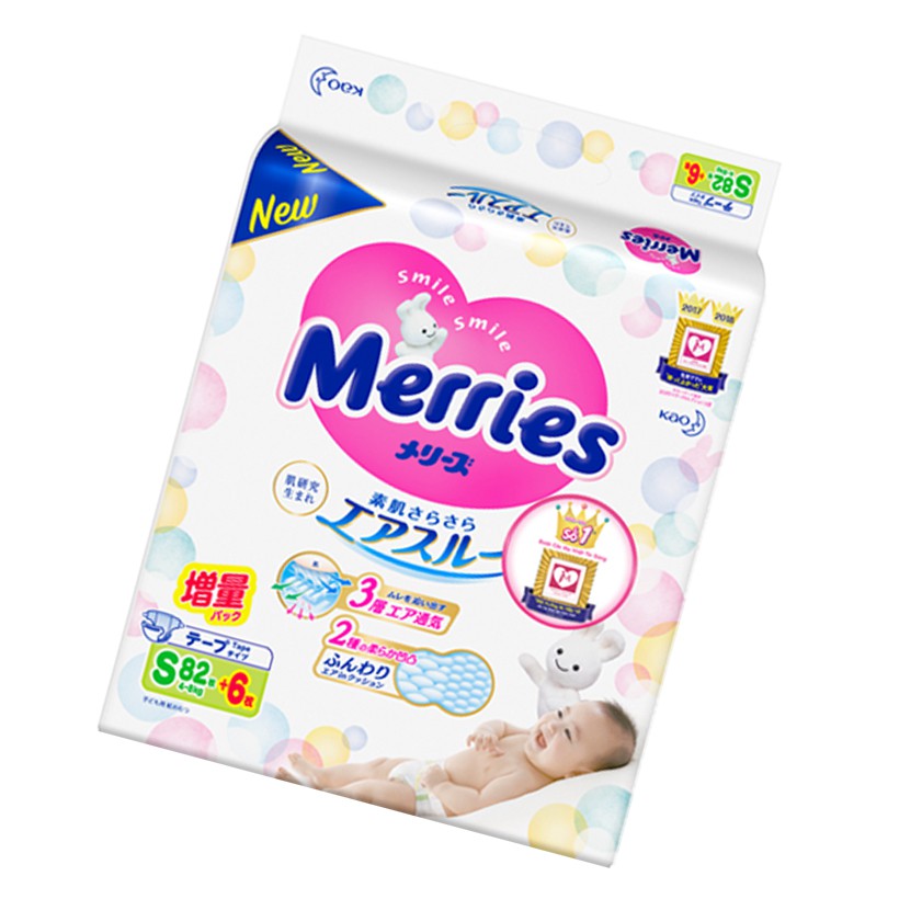 Tã/bỉm dán Merries size S - 82 + 6 miếng (Cho bé 4-8kg)