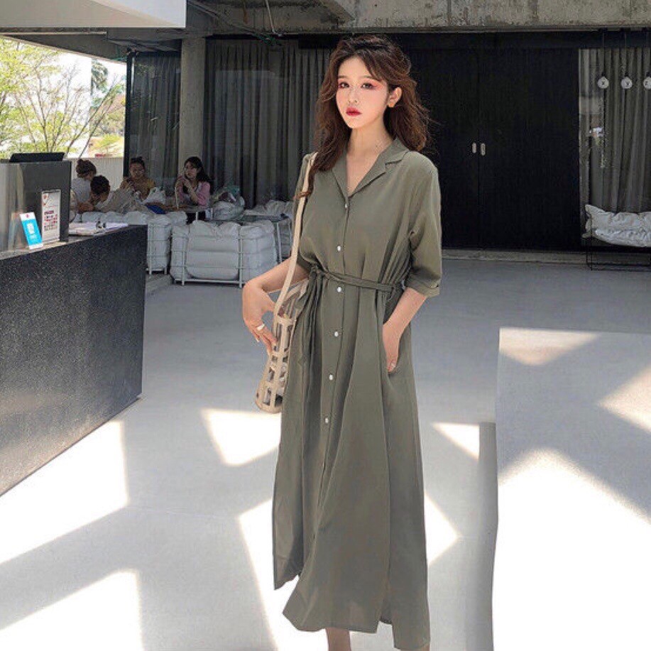 Đầm Sơ Mi Rêu Dáng Dài Cổ Vest Xẻ Tà Có Túi - DS007 | BigBuy360 - bigbuy360.vn
