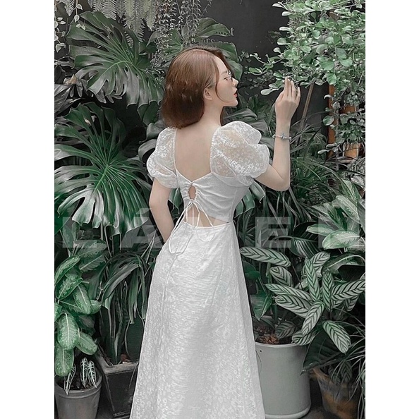 Váy trắng tiểu thư tay phồng cổ vuông hở lưng Naza