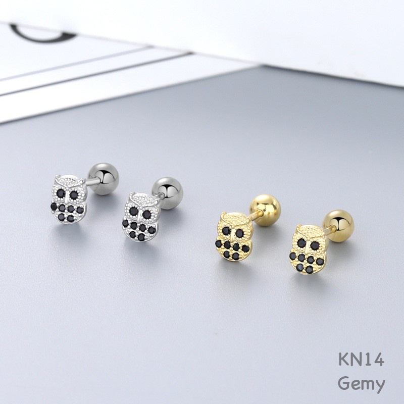 Khuyên tai nam bạc 925 mạ vàng mặt cú mèo đính đá chốt bi vặn cá tính, cực ngầu (1 chiếc) | GEMY SILVER KN14