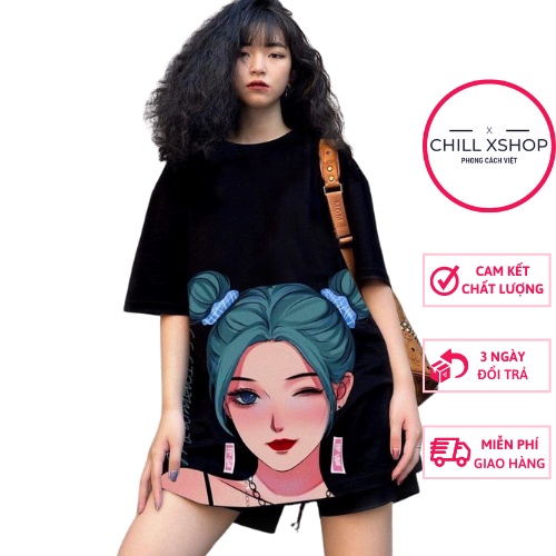 Áo thun cô gái búi tóc xanh unisex,áo phông unisex form rộng tay lỡ dáng dấu quần oversize