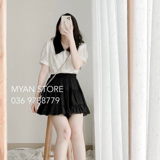 Set đầm váy áo cổ phối và chân váy xòe dễ thương LP Fashion