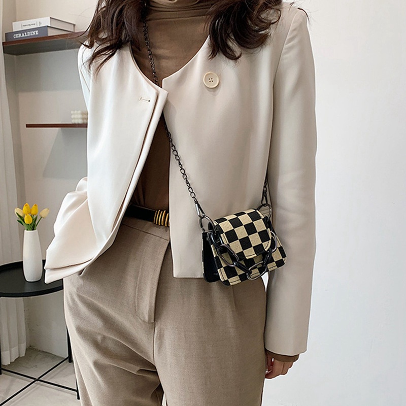 flowersqueen Túi xách nữ đeo chéo họa tiết caro thời trang