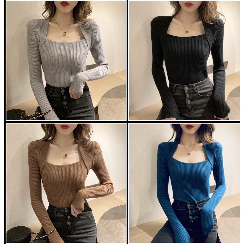 Áo thun gân tăm cổ vuông tiểu thư xinh xắn  dễ thương