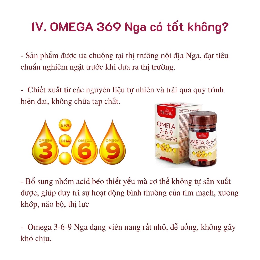 Viên uống Omega 369 Mirrolla Nga 100 viên, Omega tốt cho sức khỏe, trắng da, đẹp da - Sản phẩm chính hãng OM01