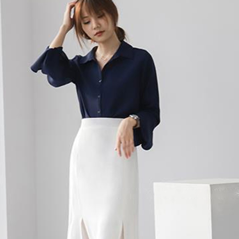 Áo Sơ Mi Chiffon Tay Dài Ống Loe Xẻ Tà Thời Trang Cho Nữ