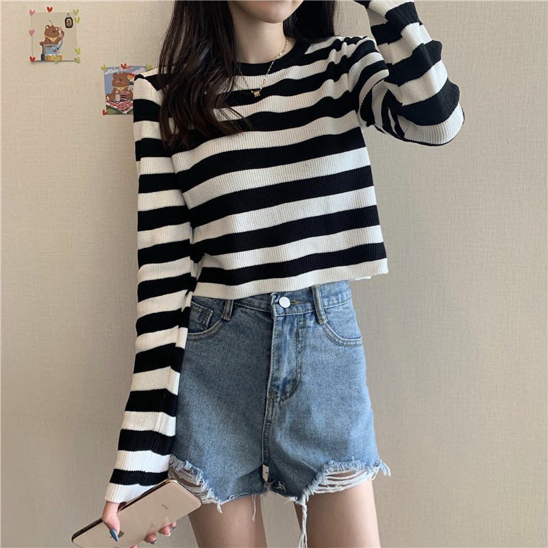 Áo Sweater Tay Dài Form Rộng Có Họa Tiết Sọc Ngang Trẻ Trung Cho Nữ