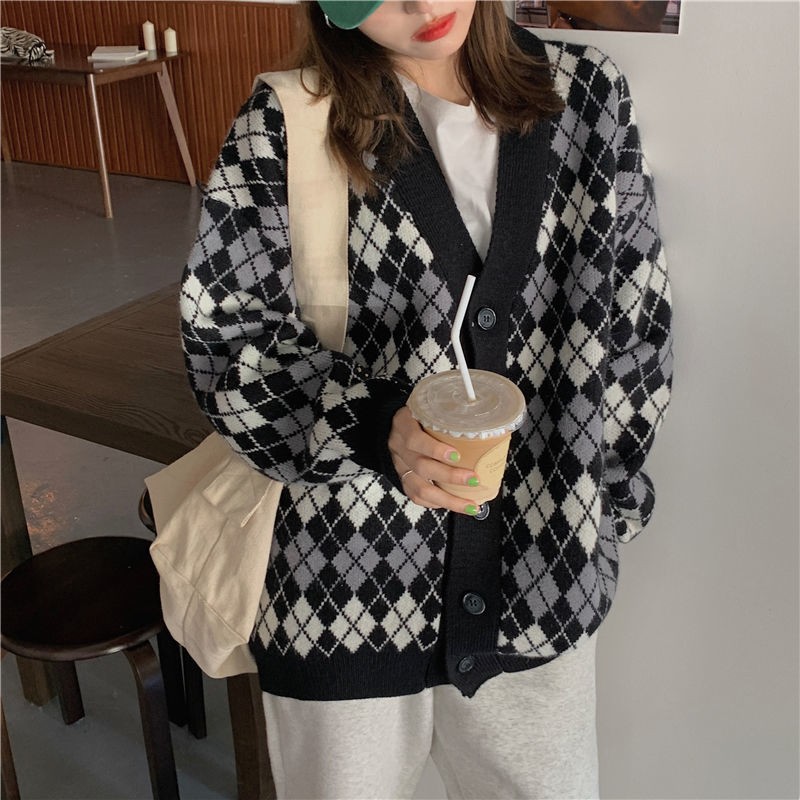 Áo Khoác Cardigan Dệt Kim Dáng Rộng Màu Sắc Tương Phản Phong Cách Retro Cho Nữ