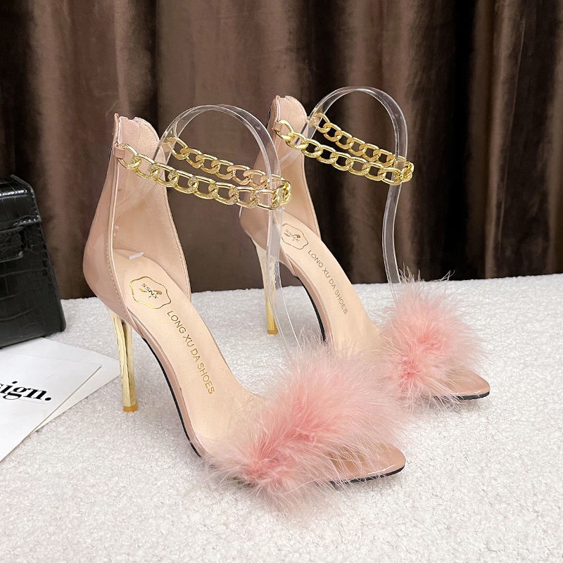 Giày Cao Gót Phối Dây Xích Kim Loại Đính Lông Xù Thời Trang Dành Cho Nữ 2022