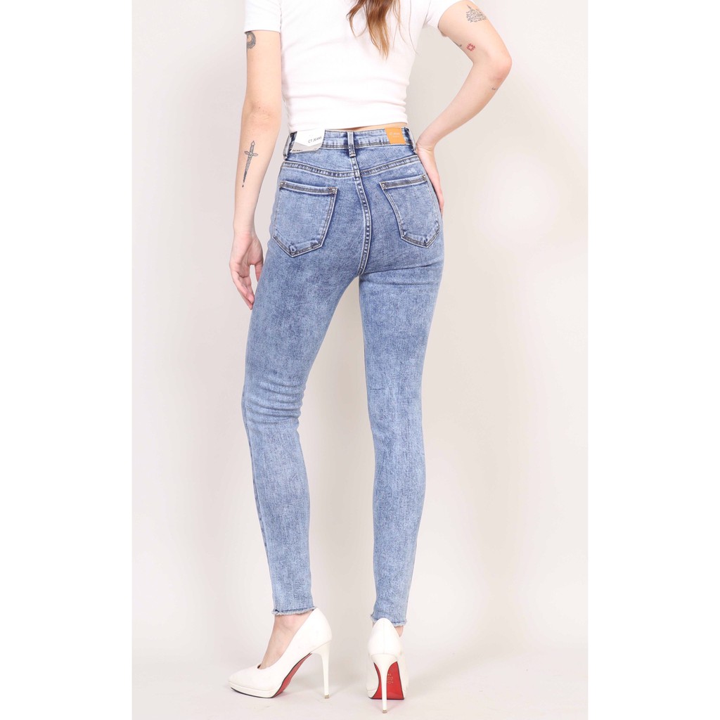 Quần Jean Nữ Skinny xanh đá Cạp Cao co giãn Gấu Tua Rua CT JEANS