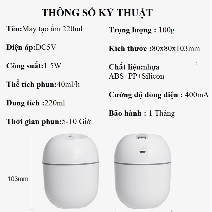 Máy phun tinh dầu mini dung tích 220ml sử dụng công nghệ siêu âm phun sương tạo ẩm Kho hàng giá rẻ VN - Tặng tinh dầu