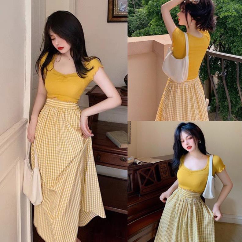 Set Váy Nữ, Set áo thun mix chân váy caro xoè hàng Qc loại 1 | BigBuy360 - bigbuy360.vn