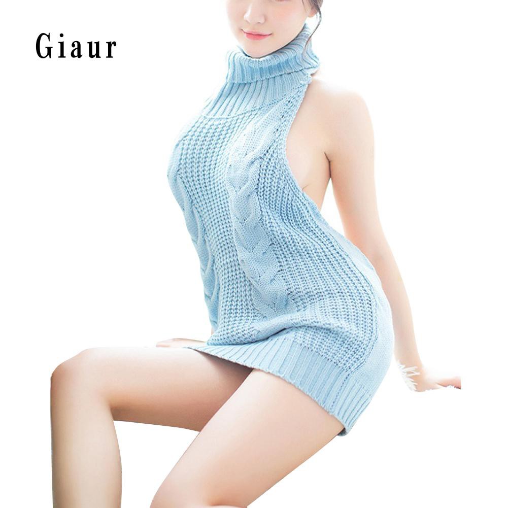 Promotion Women Sexy Backless Sleeveless Turtleneck Pullover Knit Sweater Cosplay Dress | BigBuy360 - bigbuy360.vn
