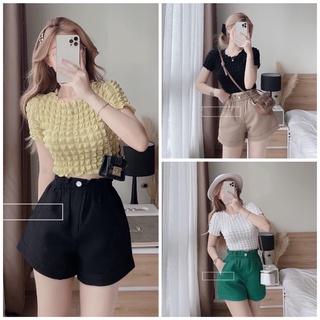 Set Bộ Nữ Áo croptop xốp quần đùi nữ ống rộng CL01