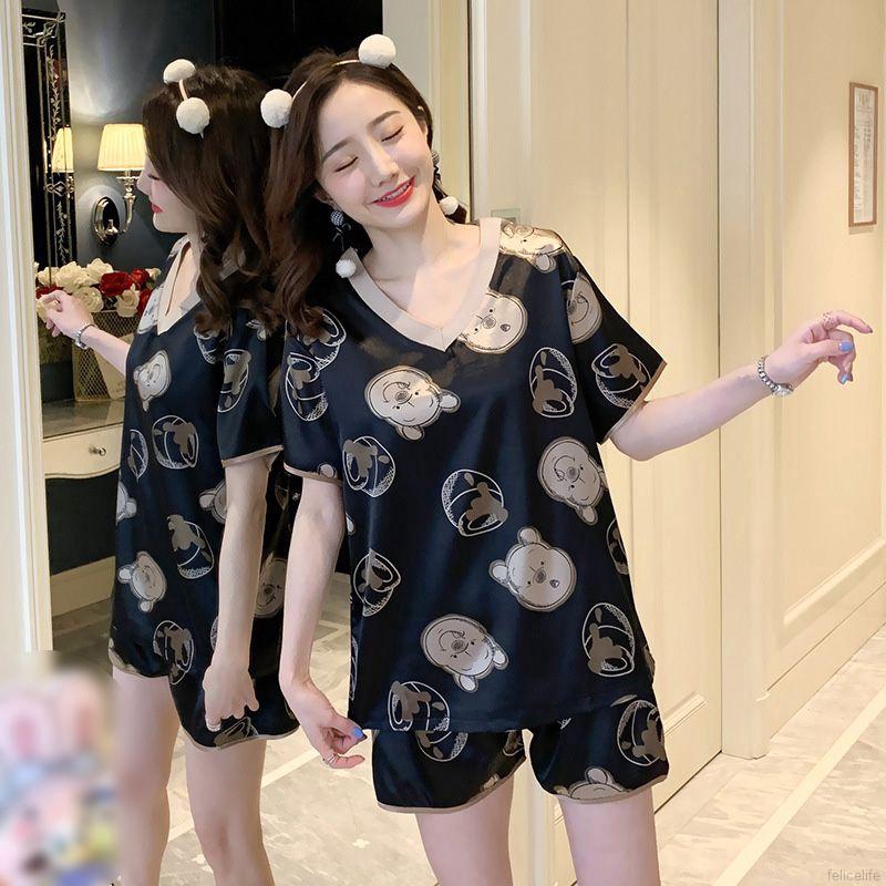 Bộ Đồ Ngủ Ngắn Tay Cổ Chữ V In Họa Tiết Xinh Xắn Dành Cho Nữ