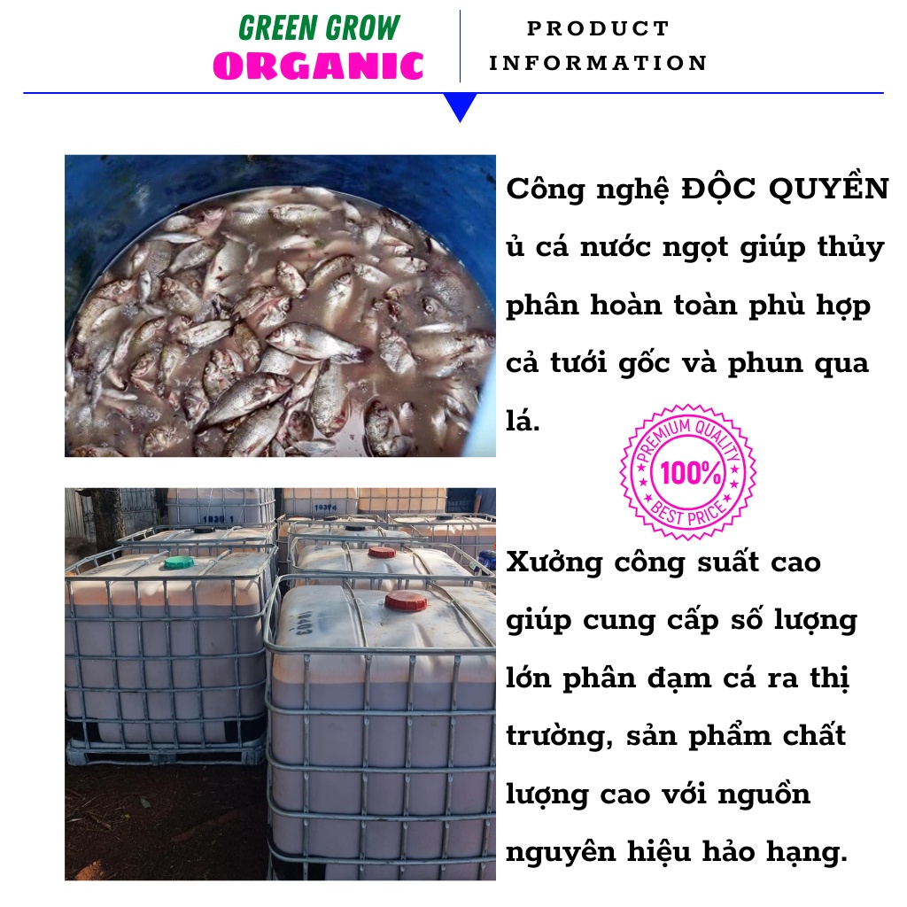 Phân đạm cá Fish Emulsion Green Grow Organic, chai 1 lít, đạm cá hữu cơ kích rễ mạnh to cành MS103